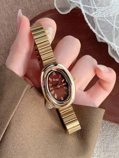 ساعة كاجوال للنساء بإطار فضي-أسود بقرص ذهبي، مناسبة للارتداء اليومي قطعة واحدة