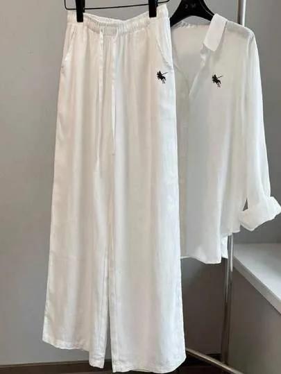 Franclia بدلة كاجوال جديدة من الكتان الفاخر، سروال بخصر مطاطي وأكمام طويلة، بتطريز حصان، ساق مستقيمة، مجموعة قطعتين للنساء